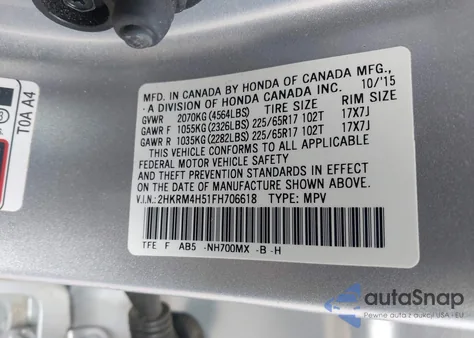 2015 Honda Cr-V Ex from USA, damaged, VIN 2HKRM4H51FH706618